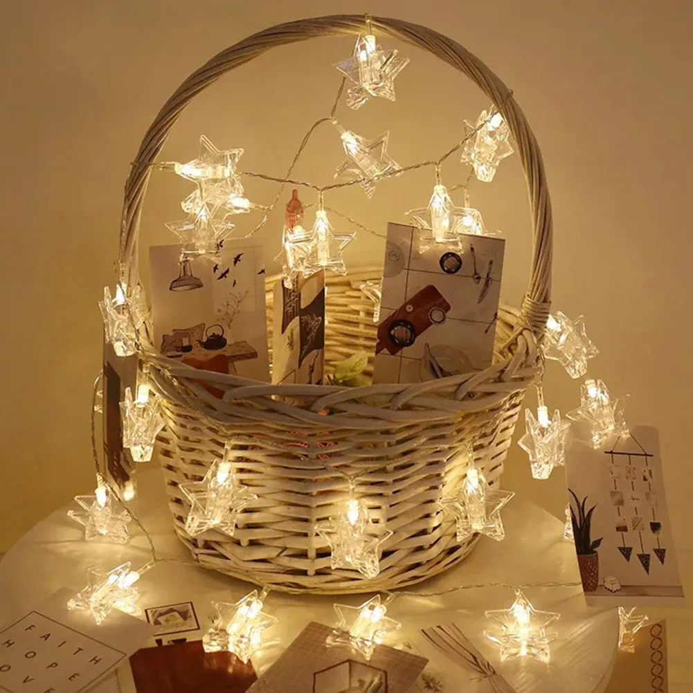Тёплый белый LED Star String Lights 10Pcs Photo Clips Hanging Decoration Picture Lamp for Party Wedding Festival TSH Shop - Испускаемый цвет: Тёплый белый