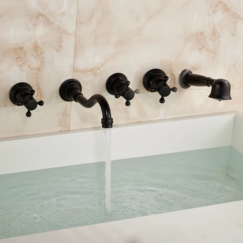 Wall Mount 5pcs Bathroom Tub Filler Three Handles Oil Rubbed Bronze