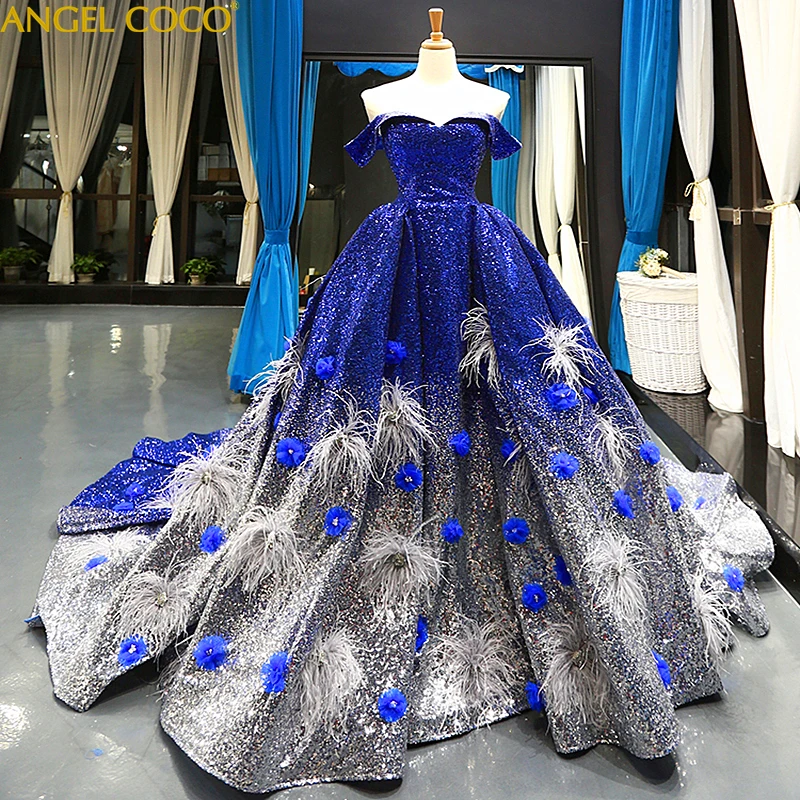 

Luxury Sequin Royal Blue Saudi Arabic Style Maternity Evening Dress Long Feathers Crystal Evening Gowns Gala dress Dubai Abaya