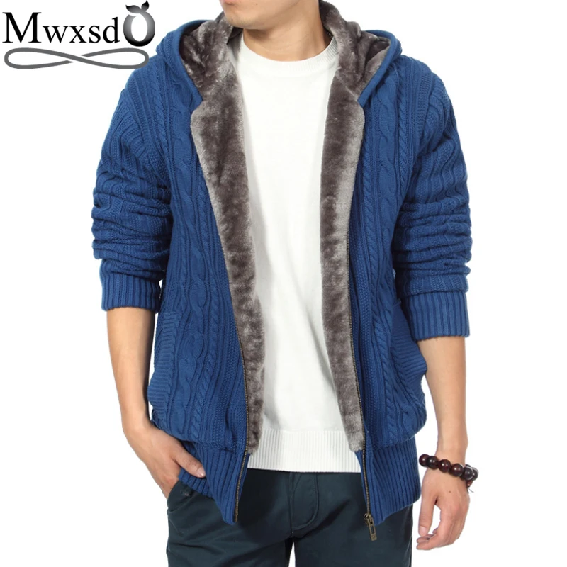 

Mwxsd brand winter Men's casual thick fur warm hooded cardigan sweater men warm Zipper knitting jacket Hombre Knitwear