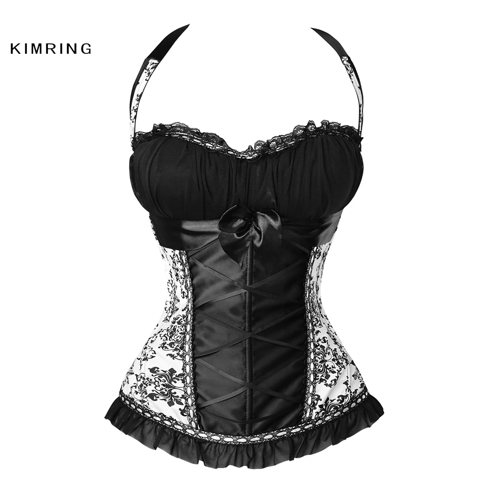 Kimring Sexy Lace Corset Women Halter Floral Corset Bustiers Top Lace up Back Corsets and Bustiers Shaper Overbust Corselet