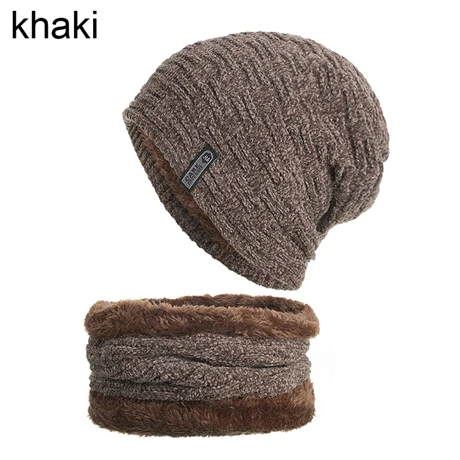 hat scarf set khaki Шенилловая вязаная шапка шарф Набор внутри флисовая подкладка толстые теплые вязаные шапочки зимние головные уборы для мужчин и женщин шапка Skullies bonnet - Цвет: hat scarf set khaki