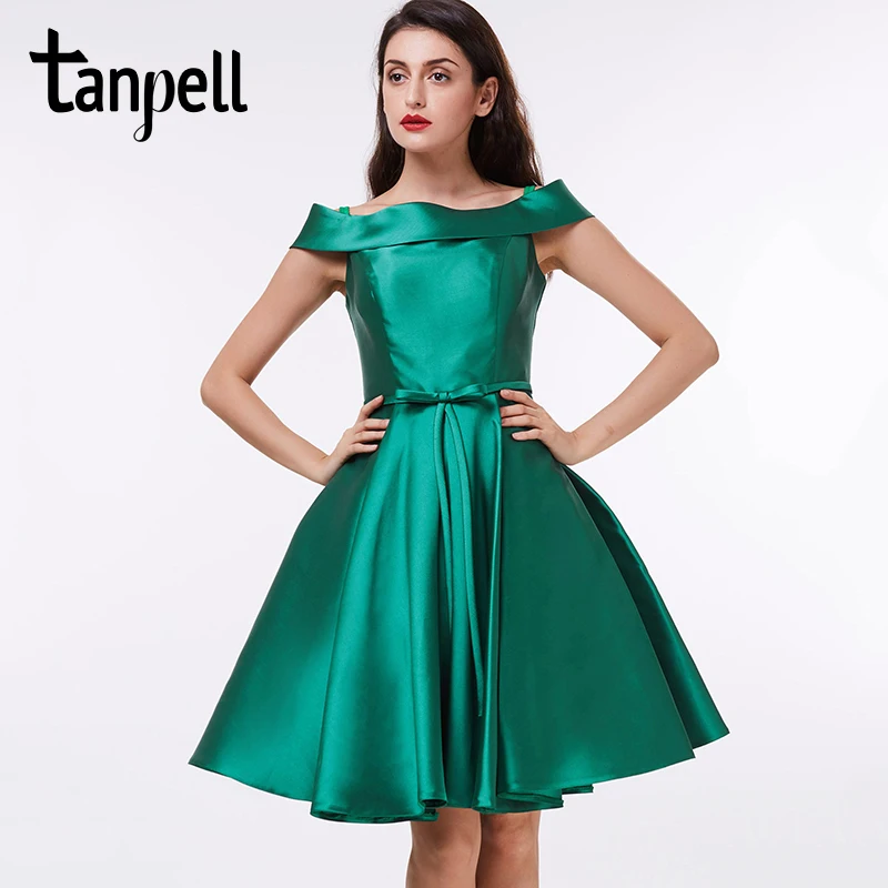 

Tanpell short cocktail dress off the shoulder dark green knee length a line gown satin draped ladies homecoming cocktail dresses