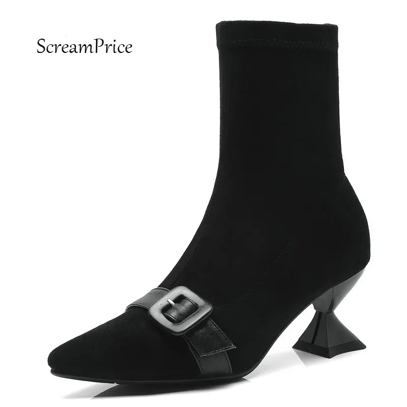 

Ladies Suede Strange Style Heel Ankle Boots Fashion Buckle Slip On Pointed Toe Women Fall Winter Bootie Black Brown
