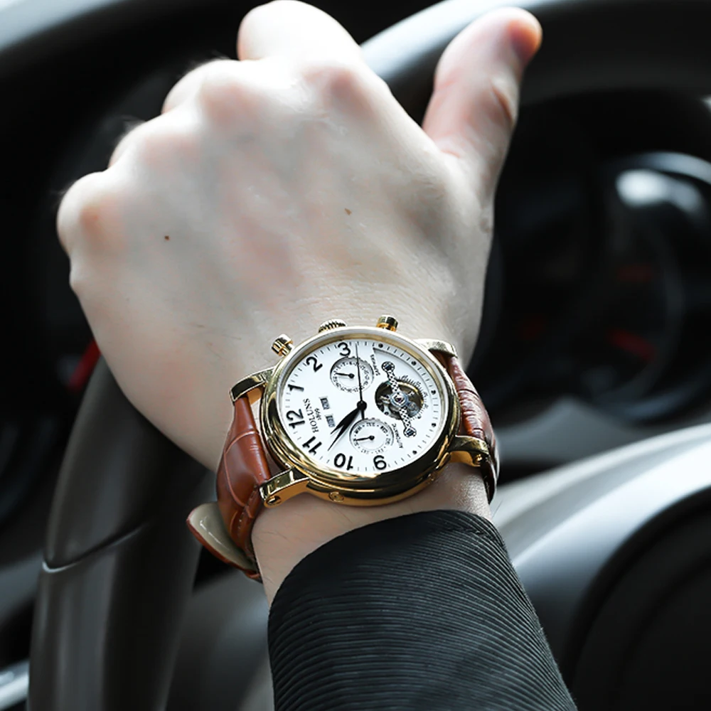 Часы наручные мужские механические золотистые с кожаным ремешком|watch brand|watch