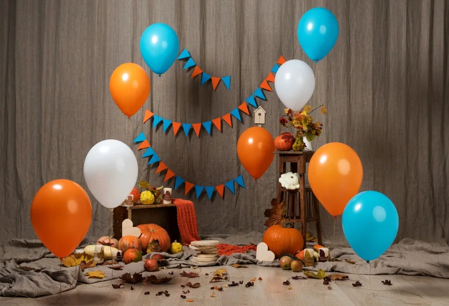 

Laeacco Balloons Child Birthday Party Flag Pumpkins Curtain Maples Portrait Photo Backgrounds Photography Backdrops Photo Studio