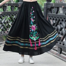 Китайский Стиль Вышивка Для женщин юбка народных Стиль лоскутное вышитые юбка миди Высокая талия плиссированные Винтаж Faldas Mujer
