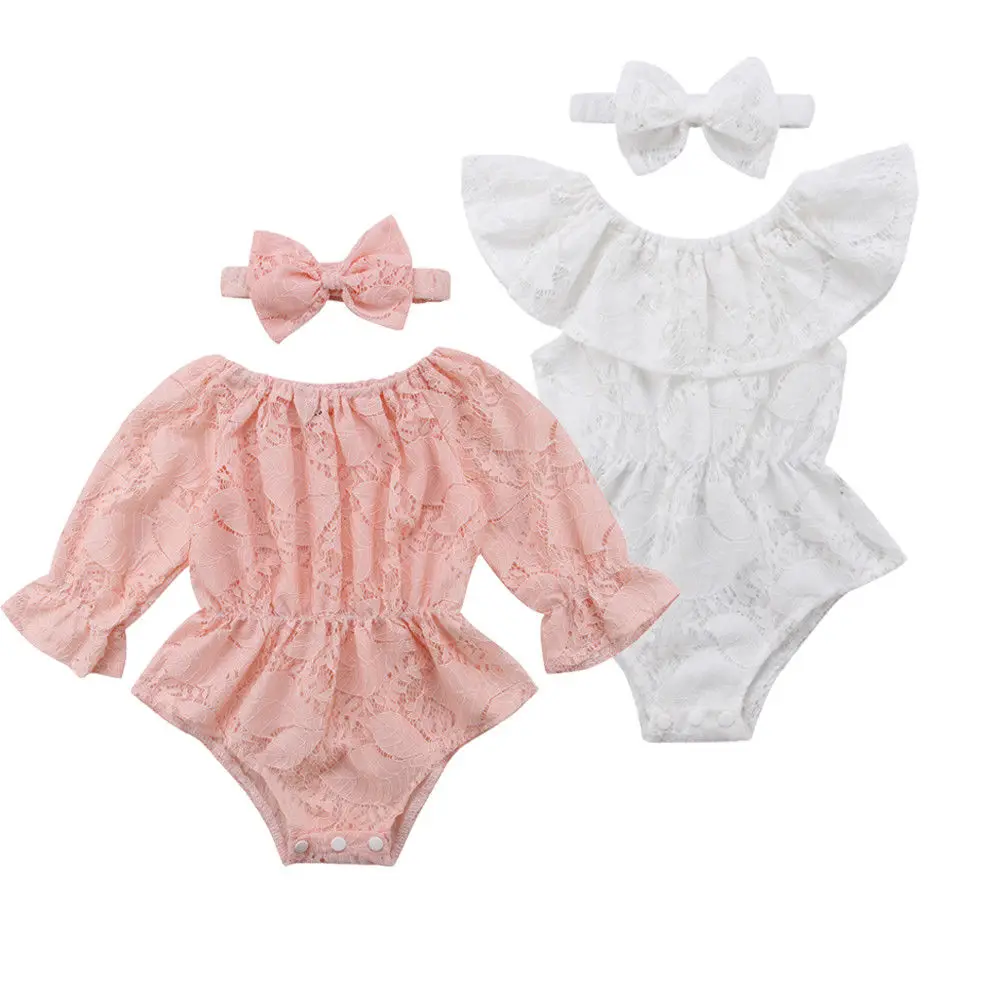 

2018 Pure Color Lace Clothes Newborn Infant Baby Kids Girls Collar Solid Summer Bodysuit Casual Outfits