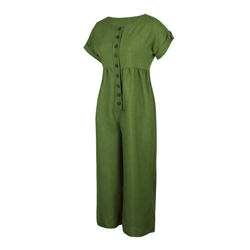 

Women jumpsuit cotton linen solid color Lady Summer overalls Loose Harem Pants Long Trousers Casual Buttons wide leg Jumpsuits
