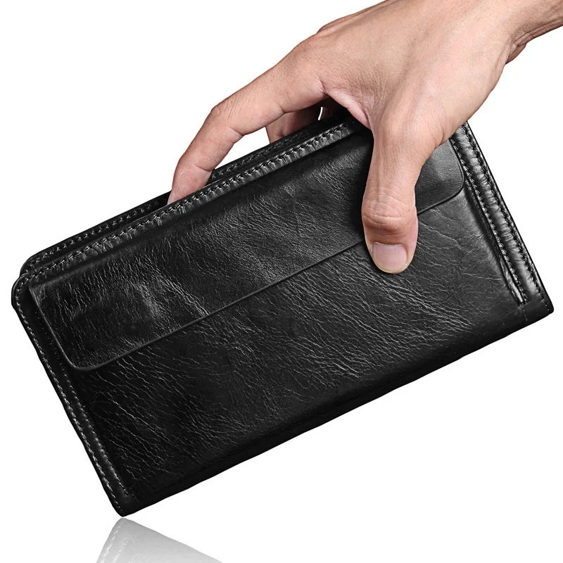 

Genuine Leather Business Men Wallet Long Clutch Coin Purse Wallet Men MultiFunctional Double Zipper Male Wallet portemonnee HB80