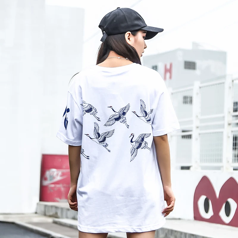 Японская уличная одежда футболка журавль солнце принт Мужская Harajuku футболка Летняя хип-хоп футболка хлопок короткий рукав топы тройники черный