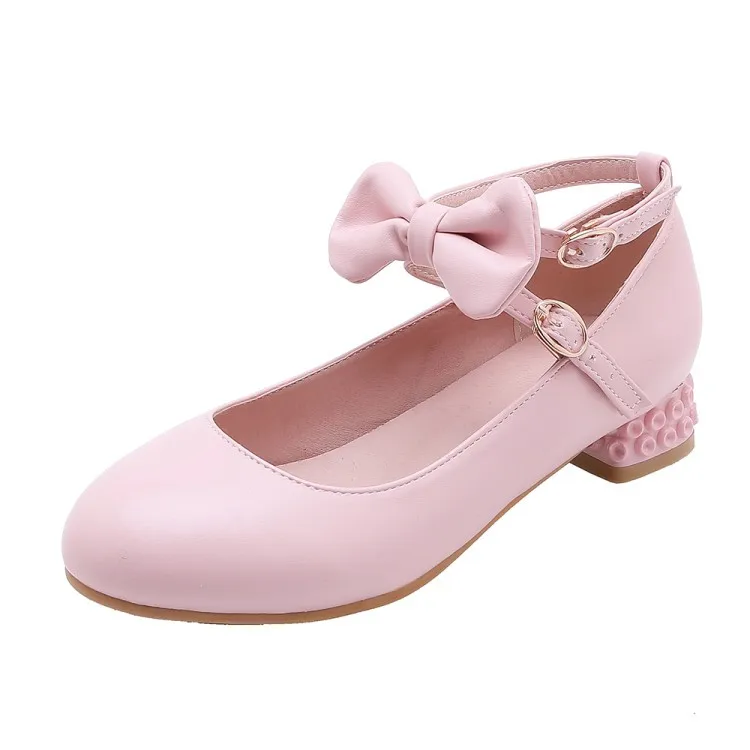 PXELENA/милые туфли мэри джейн с бантом для девочек; женские свадебные туфли на низком каблуке; туфли-лодочки принцессы Лолиты; цвет белый, розовый, черный; большие размеры 34-43 - Цвет: Розовый