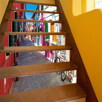 

European Town Colorful Houses Decorative Painting Wall Stickers Living Room TV Stairs Street Landscape