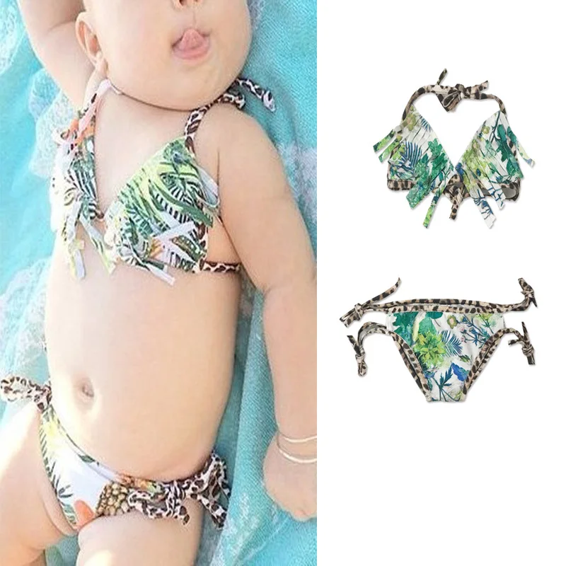 Girl Tassel Bikinis Green Tree Flower Print Leopard Bandage Swimsuit Baby Kids Bathing Suit for Beach Infants 2 Pcs Bikini Sets |