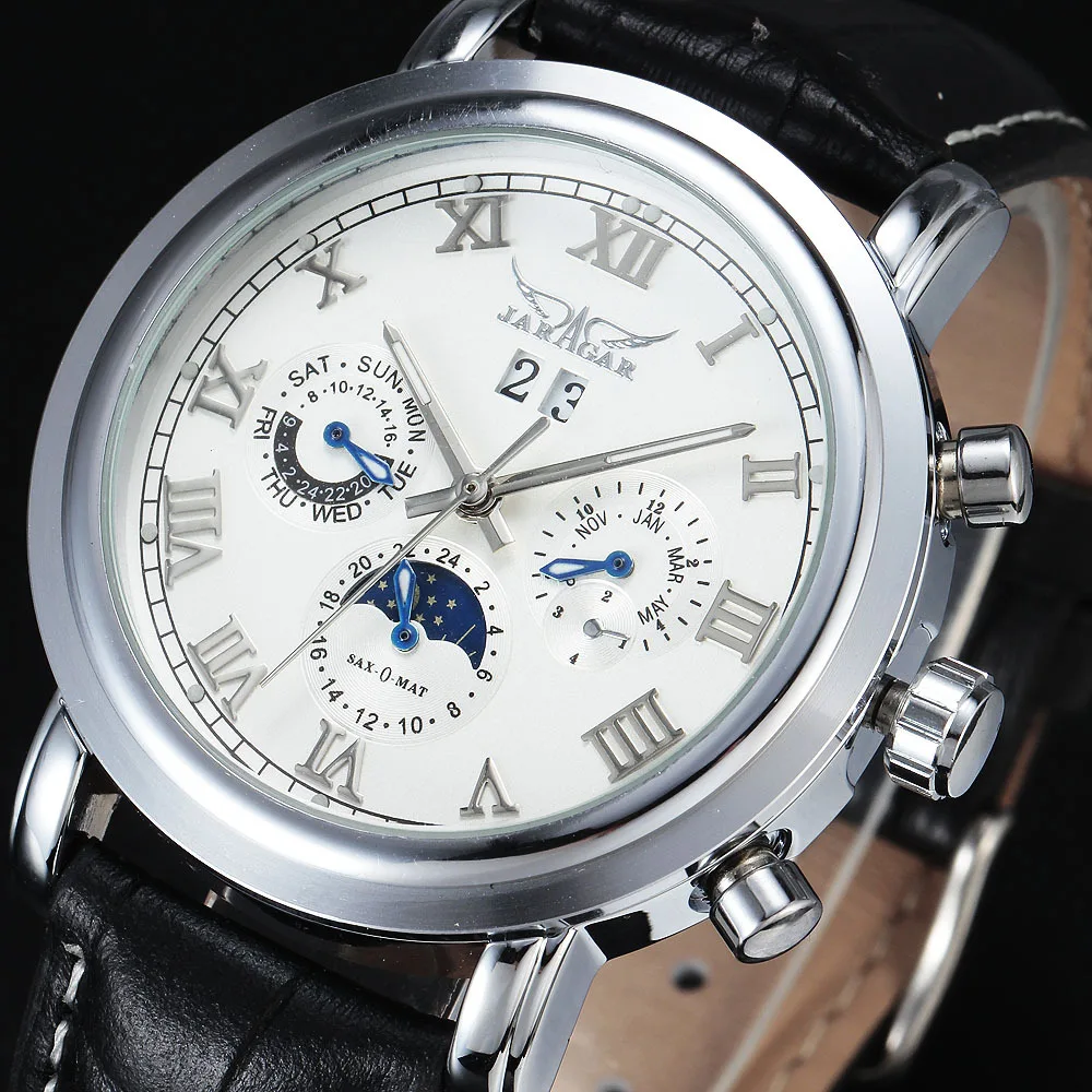 

JARAGAR Automatic Mechanical Self-Wind Moonphase Auto Date Complete Calendar Dial Leather Strap Men Watches