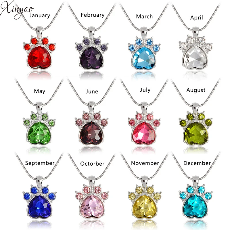 XINYAO 12 Colors Quartz Crystal Dog Paw Birthstone Pendant Necklace For