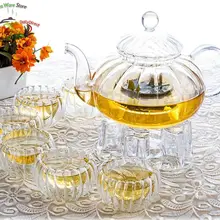 1х стеклянный чайный набор в форме тыквы E-1* 640 мл термостойкий чайник+ 6*35 мл чашки+ 1* грелка