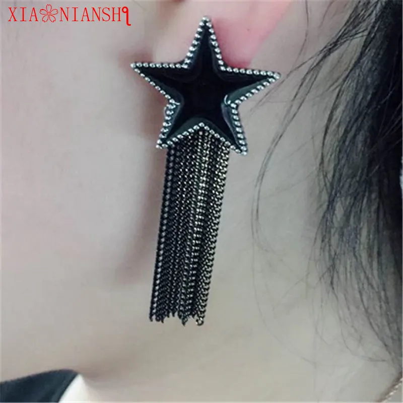 HTB15GIORXXXXXcpXXXXq6xXFXXXr - Vintage Enamel Black Earrings Fashion Five-pointed Star With Copper Wire Tassels Long Earrings Star Brincos Jewelry For Women