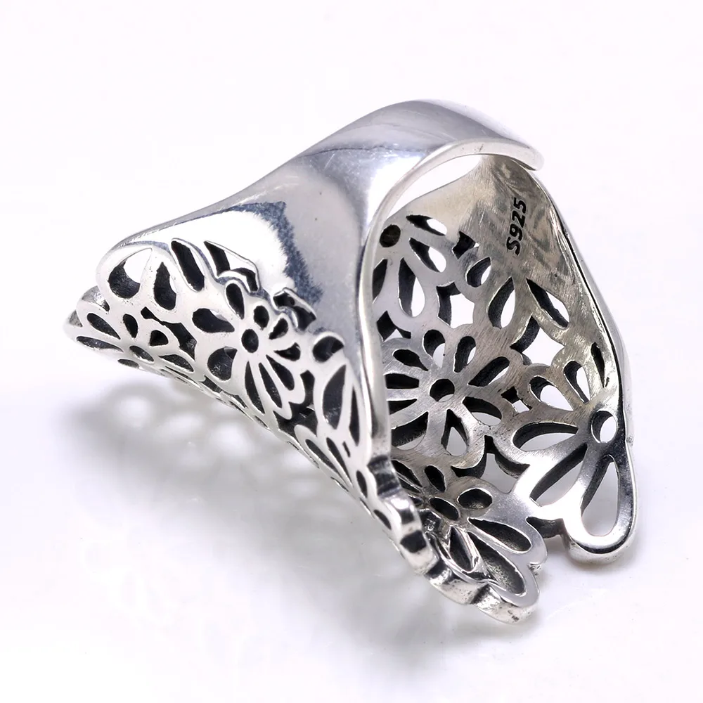 Увеличенные широкие большие кольца для женщин, гарантированное 925 пробы, серебряные кольца с полым цветком, элегантные ювелирные изделия Anillo Mujer