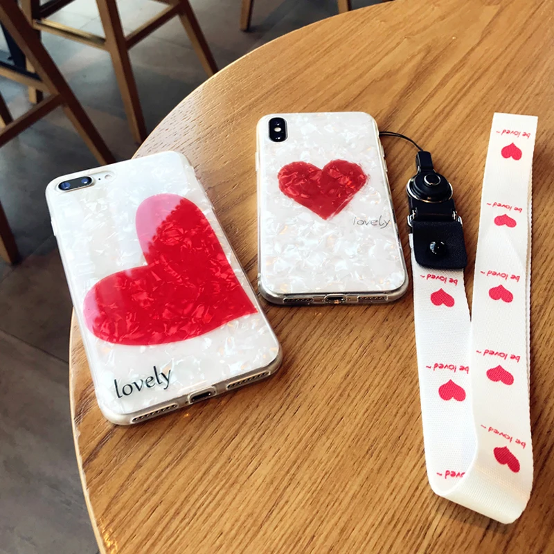 

Simple white shell love mobile phone shell iPhoneX XS 7plus/8/6s protective sleeve female strap with hanging rope phone case