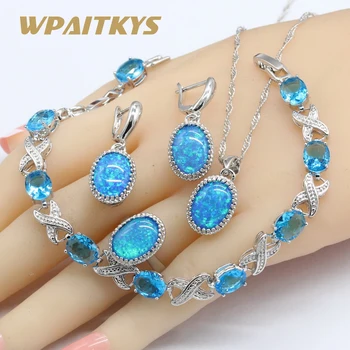 

Silver Color Oval Australia Blue Opal Jewelry Sets For Women Necklace Pendant Earrings Rings Sky Blue Crystal Bracelets