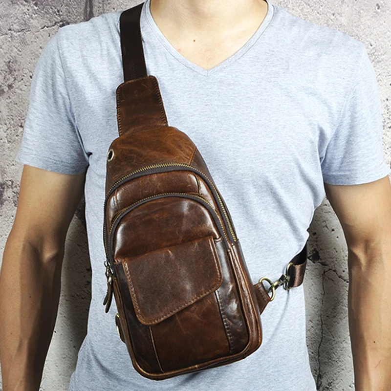 

Crazy Horse Cowhide Messenger Chest Bags Shoulder Rucksack Cross Body Multi-Pockets Genuine Leather Bag Men Single Back Pack