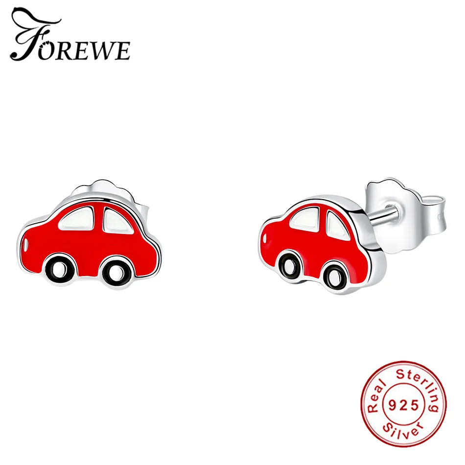 

FOREWE Girls Cartoon Red Car Earrings Fashion 925 Sterling Silver Enamel Stud Earrings for Women Kids Children Jewelry