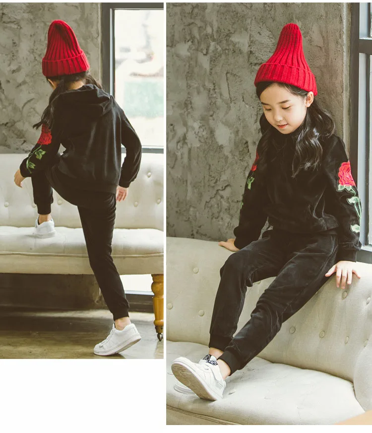 spring autumn winter hooded velour kids girl clothes coats pants sets sports little big girls clothing sets spring autumn 2017 black tops and pants  4 5 6 7 8 9 10 11 12 13 14  years old little big teenage girls set girl 2017 child girl set  (11)