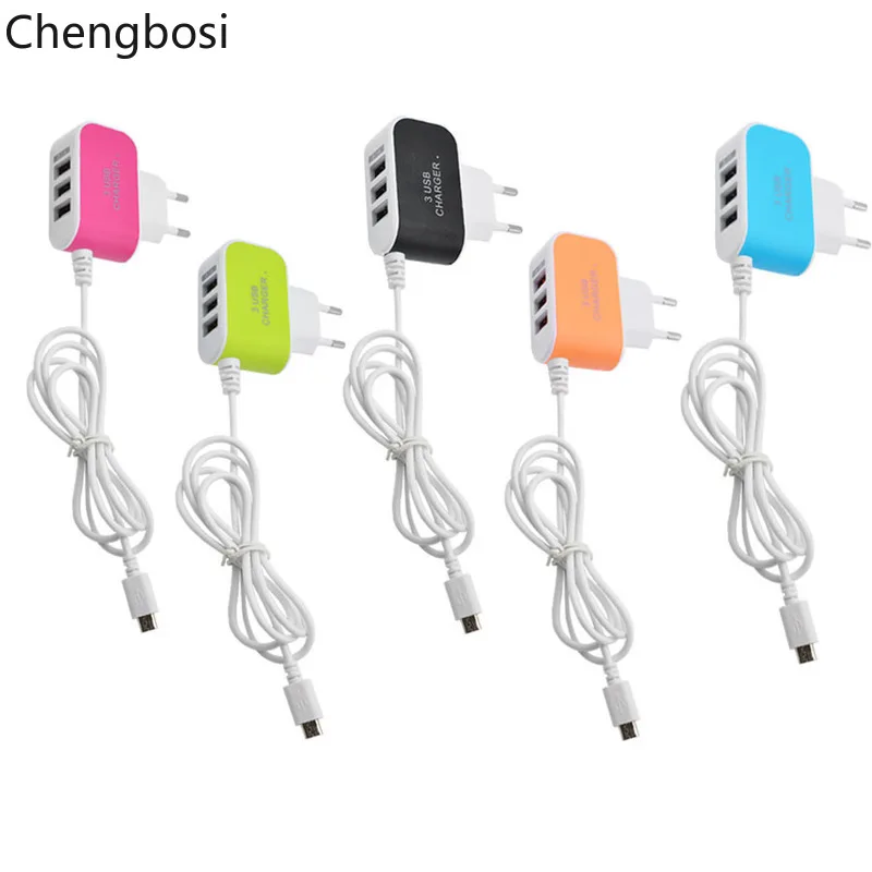 

EU Plug 3.1A 3 Port USB Charge Charger Travel AC Phone Mp3 Chargers Adapter + 1M Micro USB Charge Cable for Huawei Samsung