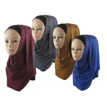 

High Quality Cotton Jersey Muslim Women Hijab Scarf Gold Rhinestone Decorate Islamic Shawl Wrap Female Headscarf Turban Headband