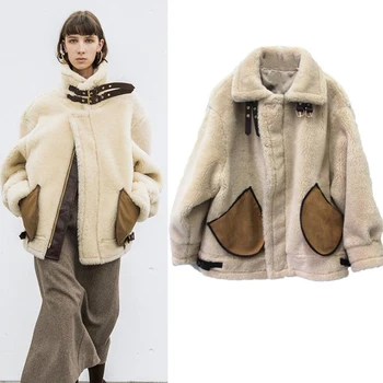 

Vintage Retro Fashion Winter Women Sheepskin Faux Fur Coats Ivory Imported Warm Fleece Automotive Woman Faux Fur Coats 2018 A293