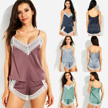 

US Stock Women Sexy V-neck Lingerie Sleepwear Strappy Shorts Solid Satin Silk Babydoll Summer Nightwear Pajamas Set