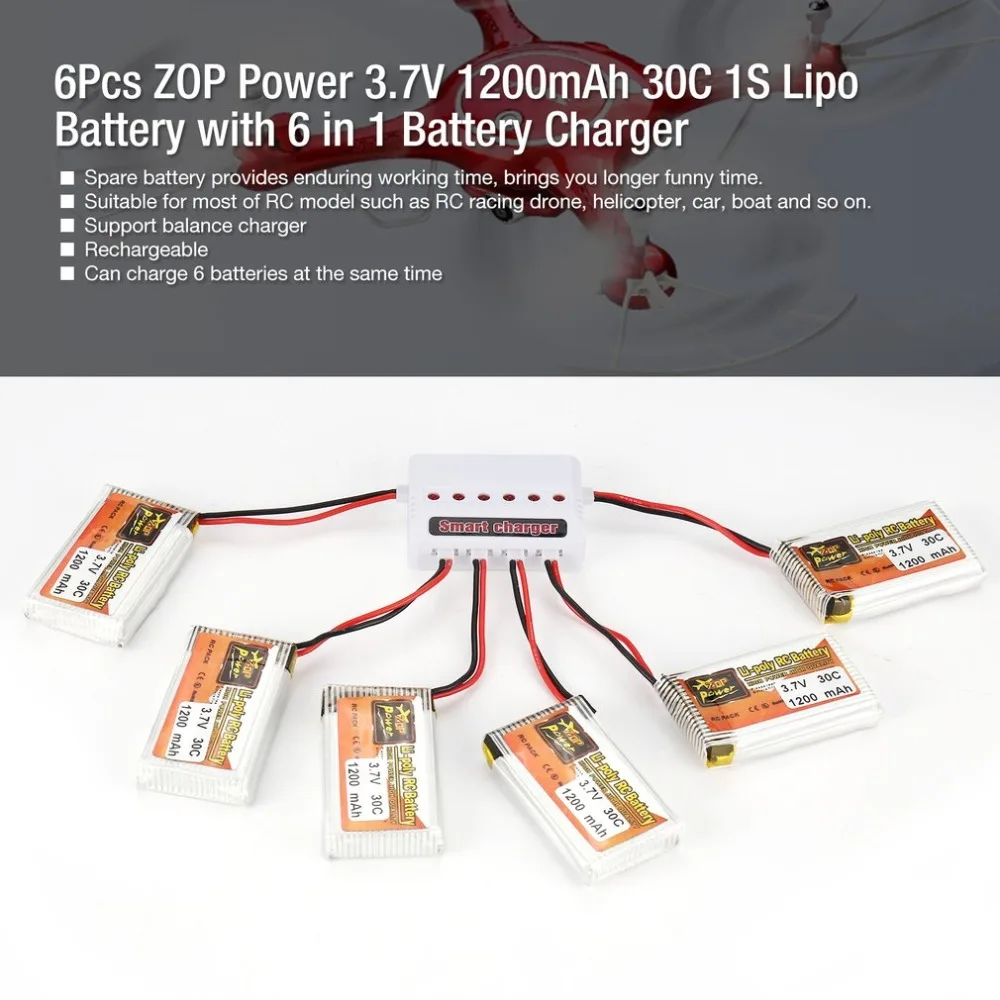 6 шт. ZOP power 3,7 V 750 mAh 1200 mah 30C 1 S перезаряжаемый lipo-аккумулятор 6 в 1 аккумулятор USB зарядное устройство для RC гоночного дрона вертолета