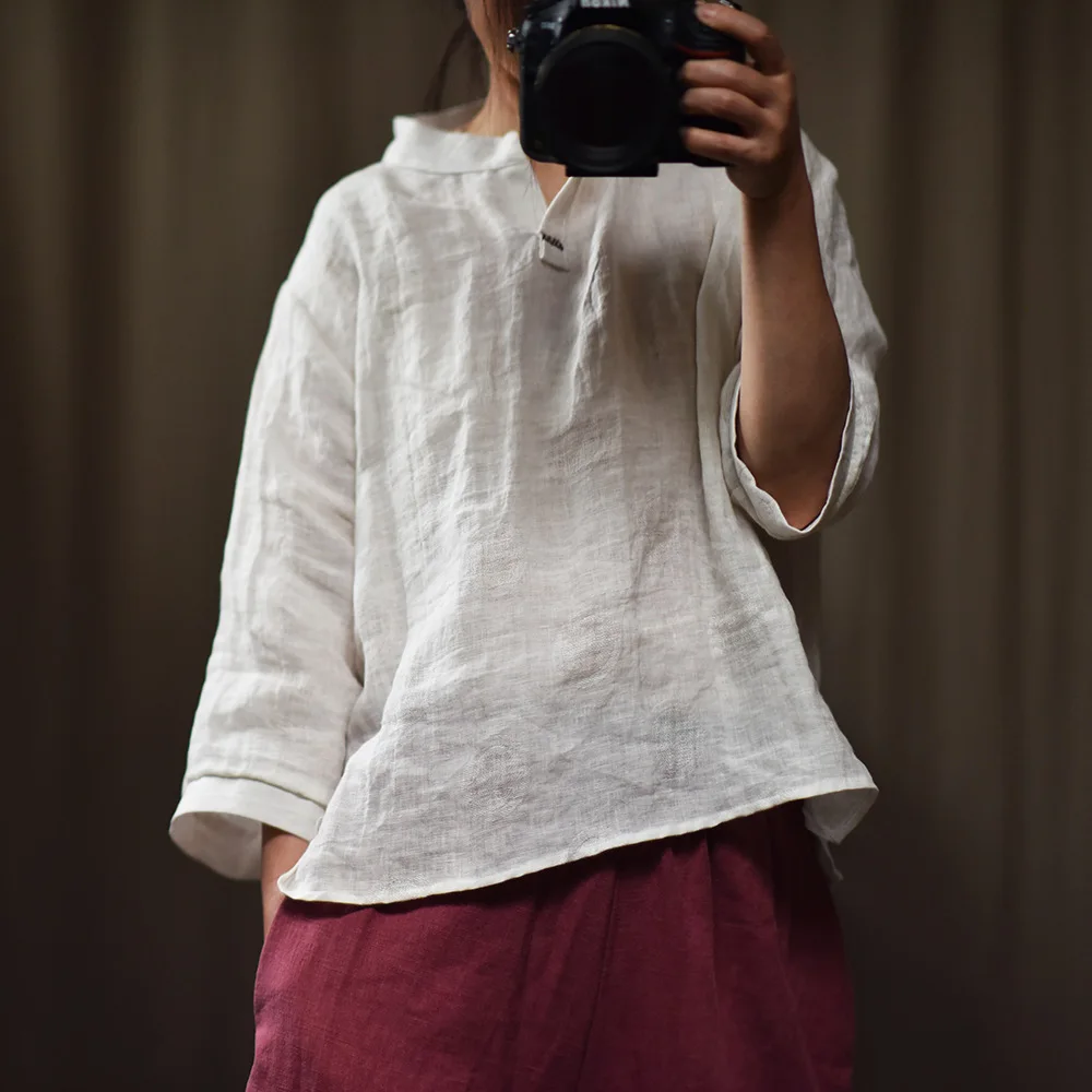

2019 Women White Cotton Linen Shirt Spring Vintage Three Quarter Sleeve Loose Blouse Mori Girl Casual Women Tops YoYiKamomo