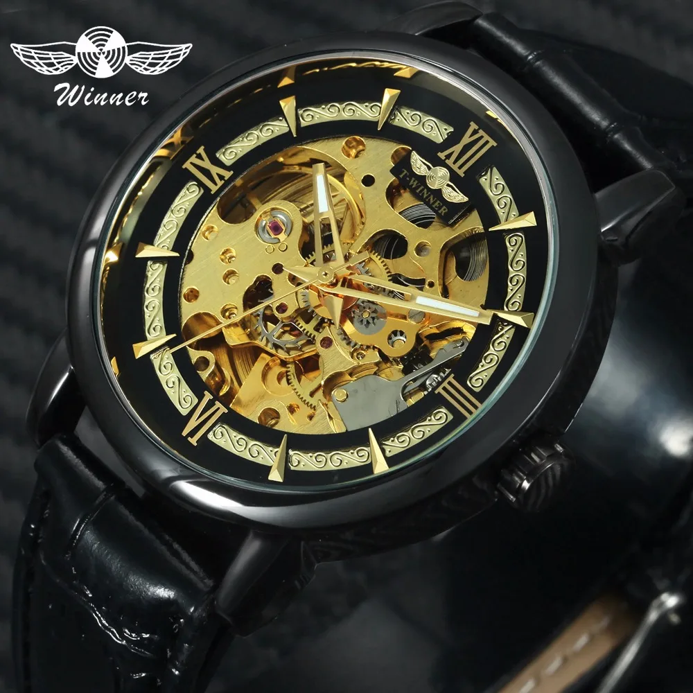 

WINNER 2019 New Automatic Mechanical Watch Men Golden Skeleton Dial Leather Strap Fashion Business Mens Watches Top Brand Luxury