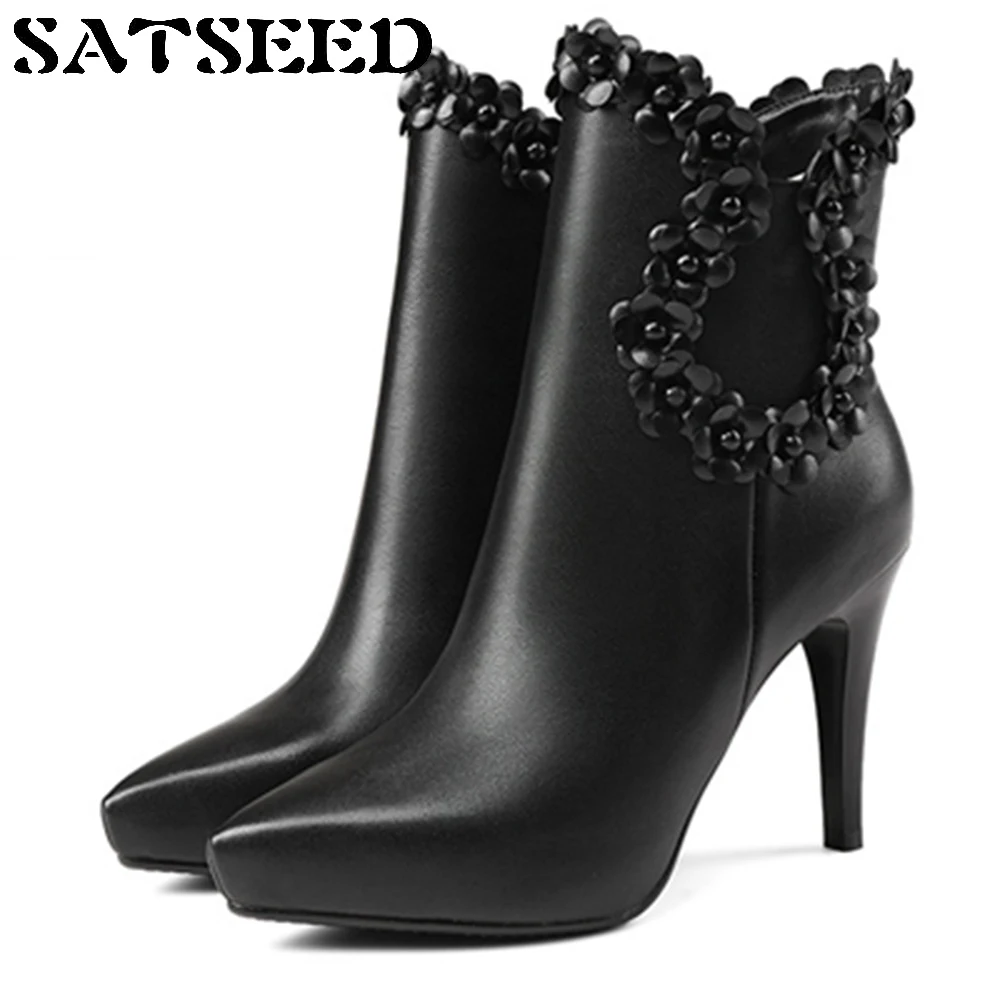

Shoes 2018 Genuine Leather High Heel Boots Zipper Womens Pointed Toe Dress Shoes Black High Heels Waterproof Snow Boots Women
