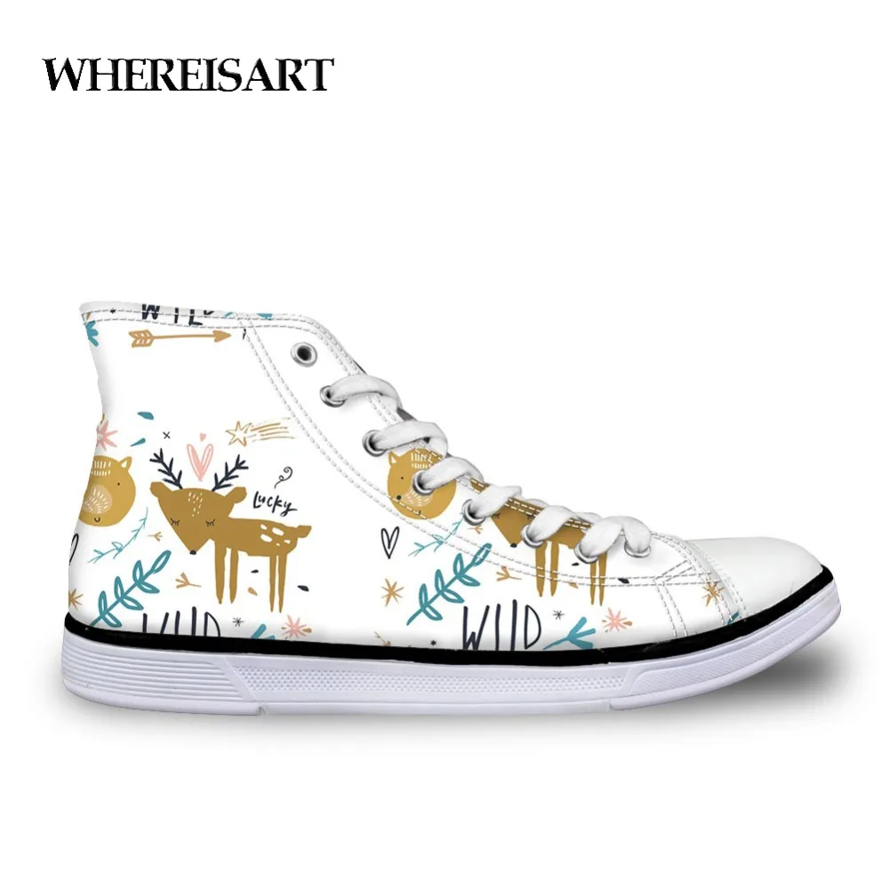 

WHEREISART Fashion Women High-top White Canvas Shoes Floral Animals Fox Printing Vulcanize Shoes Studnets Girls Casual Sneakers