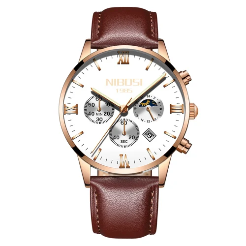 Rose White Leather Розовое золото цвет Мужские часы Роскошные Лидирующий бренд Мужские часы модное платье новые военные кварцевые наручные часы горячие часы мужские спортивные NIBOSI - Цвет: Rose White Leather
