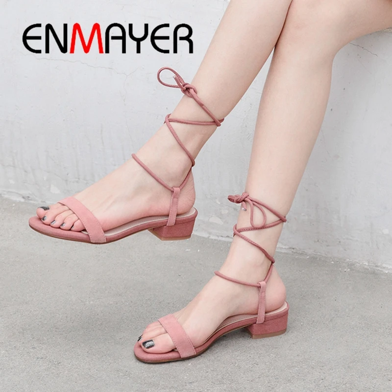 

ENMAYER 2019 New Arrival Kid Suede Basic Wedding Med High Heels Sandals Women Lace-Up Solid Fashion Size 34-40 LY2135