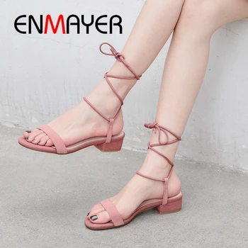 

ENMAYER 2019 New Arrival Kid Suede Basic Wedding Med High Heels Sandals Women Lace-Up Solid Fashion Size 34-40 LY2135