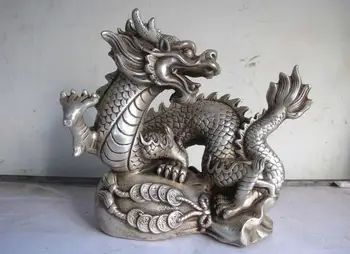 

China Classic White Silver carved Feng Shui Lucky Wealth Dragon statuary