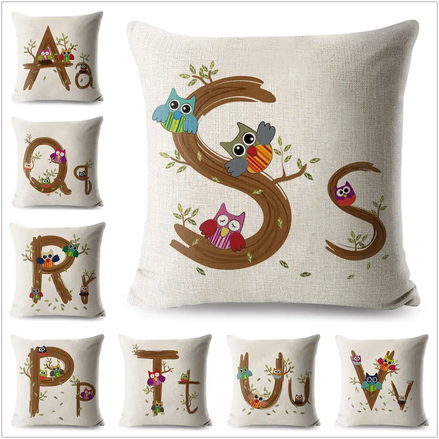 

A-Z Owl Cushion Cover Cartoon Animals Letter Linen Cotton 45*45 cm Pillow Case for Sofa Home Decorative Printed Throw Pillowcase
