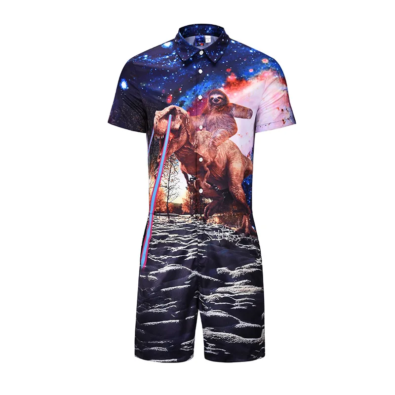 Mens Overalls Summer Fashion 3d Animals Printed Short Sleeve Rompers Male Tooling Playsuit Plus Size Men Street Jumpsuit Male