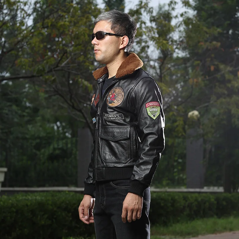 90% OFF Read Description! Asian size men's cow leather fur collar outwear mens cowhide genuine leather embroidery rider jacket 8131