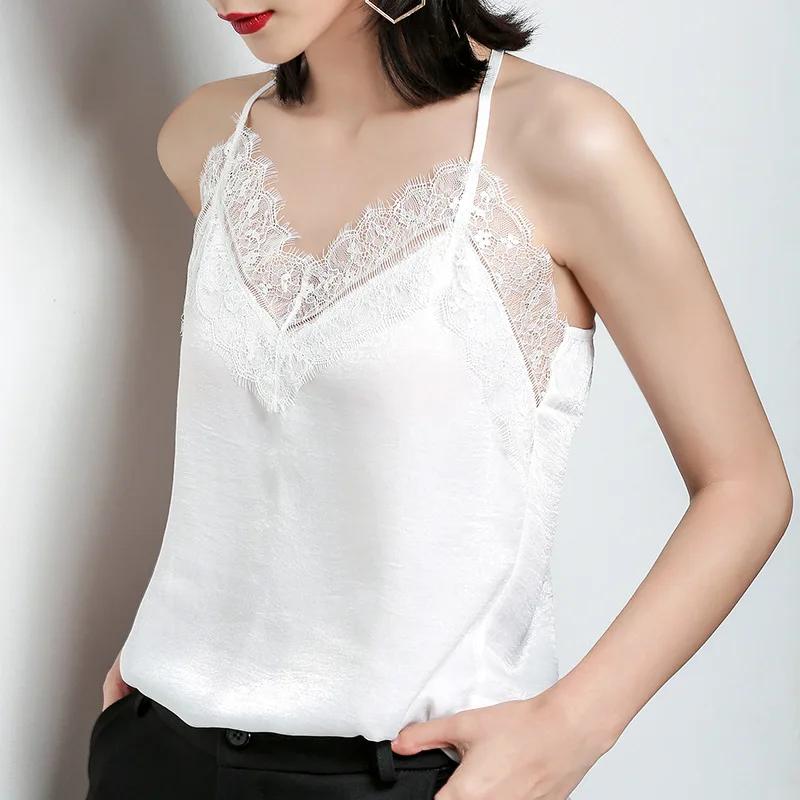

LUO SHA Lace Top Camis Sexy Lace Tank Top Women Camisole Ladies Solid Color V-Neck Sleeveless Shirt Backless Summer Shirt Female