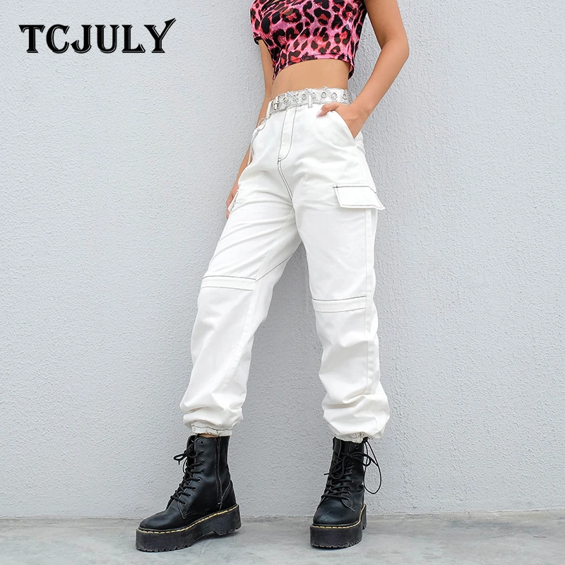 

TCJULY Fashion 100% Cotton White Cargo Pants Women High Waist Bright Line Straight Trousers Streetwear Casual Full Length Pants