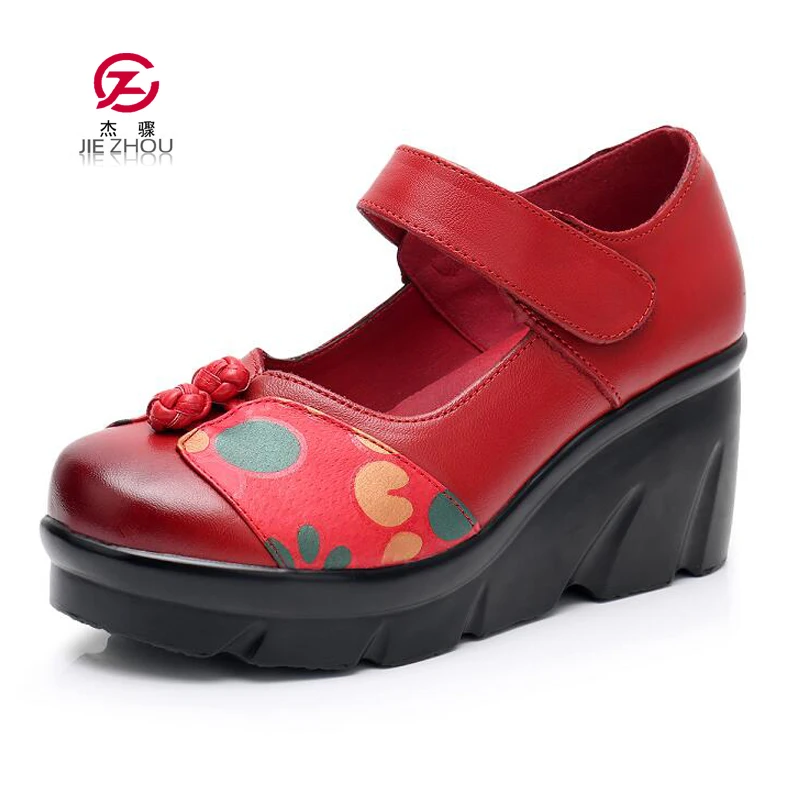 

Women High Heels New Platform Wedges Shoes Female Pumps Ethnic style Genuine Leather Women Shoes zapatos de mujer