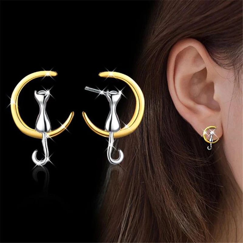 

KOFSAC Hot Exquisite 925 Sterling Silver Earrings New Simple Temperament Cute Moon Cat Earrings For Women Fine Fashion Jewelry