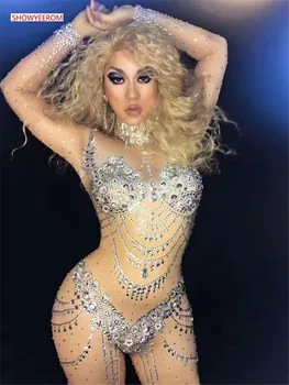 

women's sexy nude color rhinestone shimmering deluxe bodysuit jumpsuit jumpsuit model dance singer nightclub stage costume