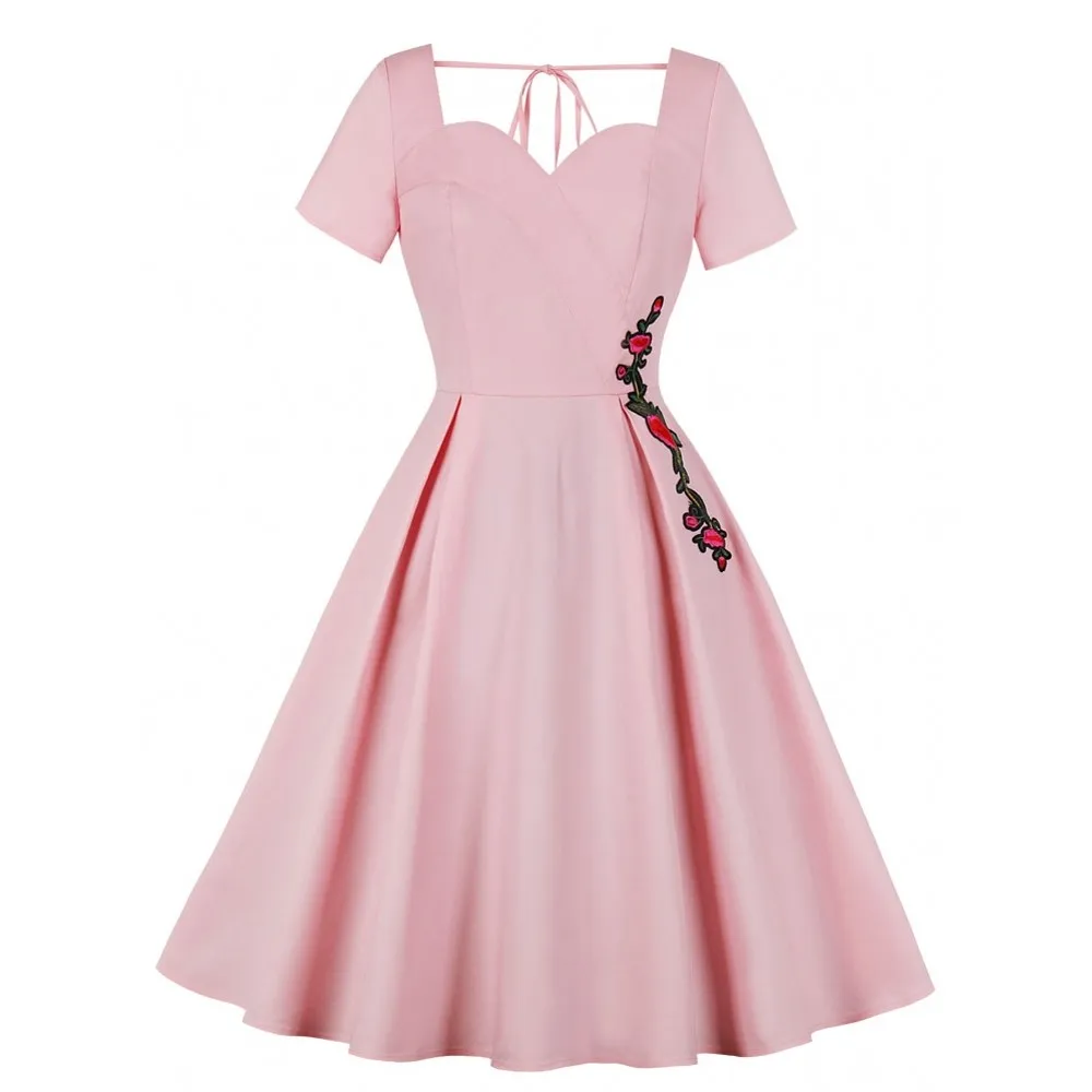 

2019 Floral Embroidery Women Retro Dress Elegant Style Pink Sweetheart Neck Short Sleeves 60s Vintage Dress Summer Vestidos